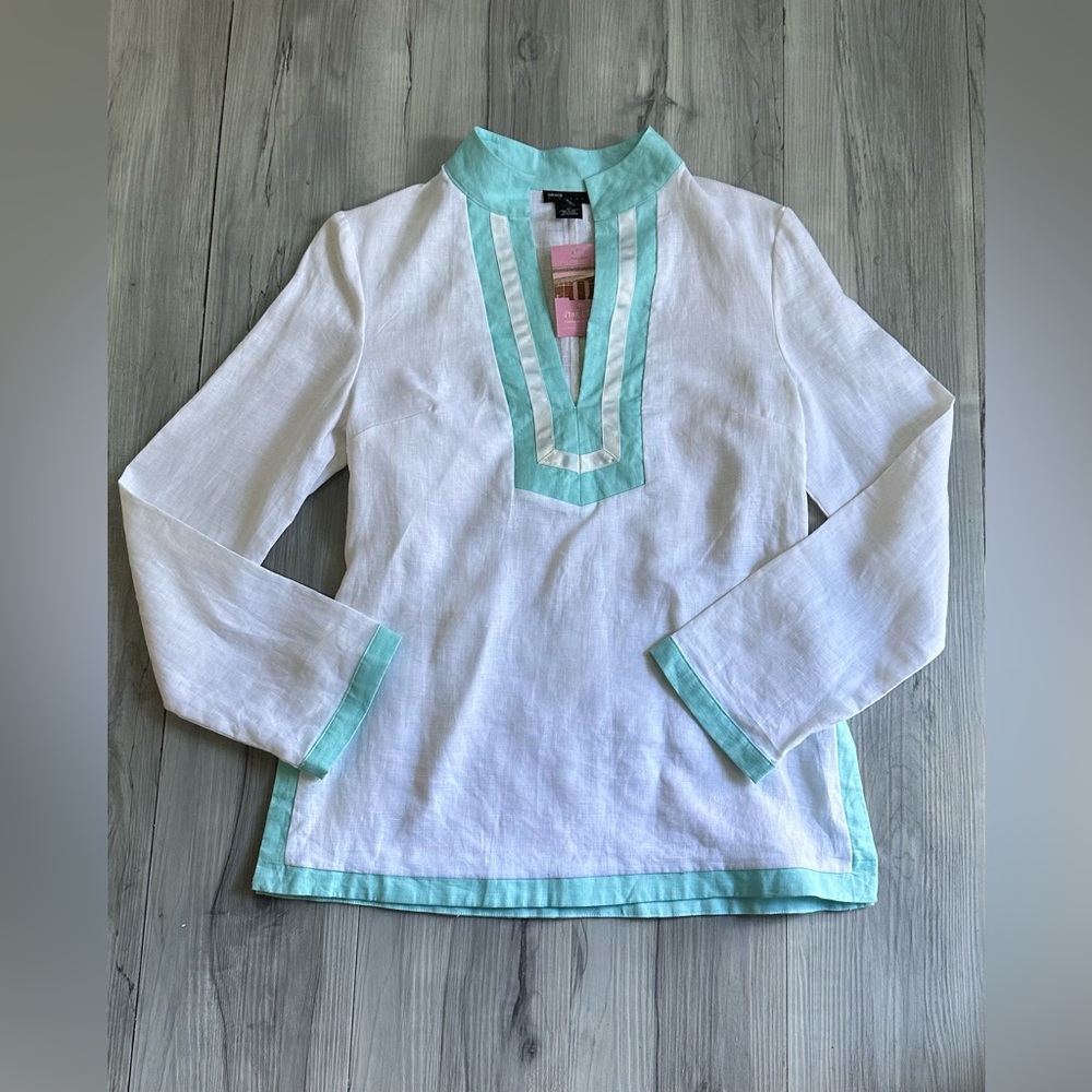 GRACE ELEMENTS White Tunic Blouse Size M 100% Linen Teal Trim Side Zip Boho Chic